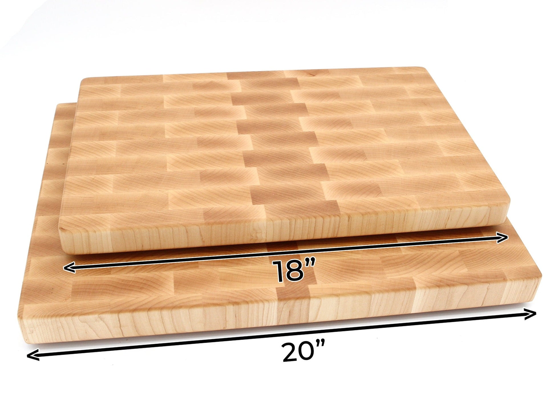 Two wooden cutting boards with measurements on a white background