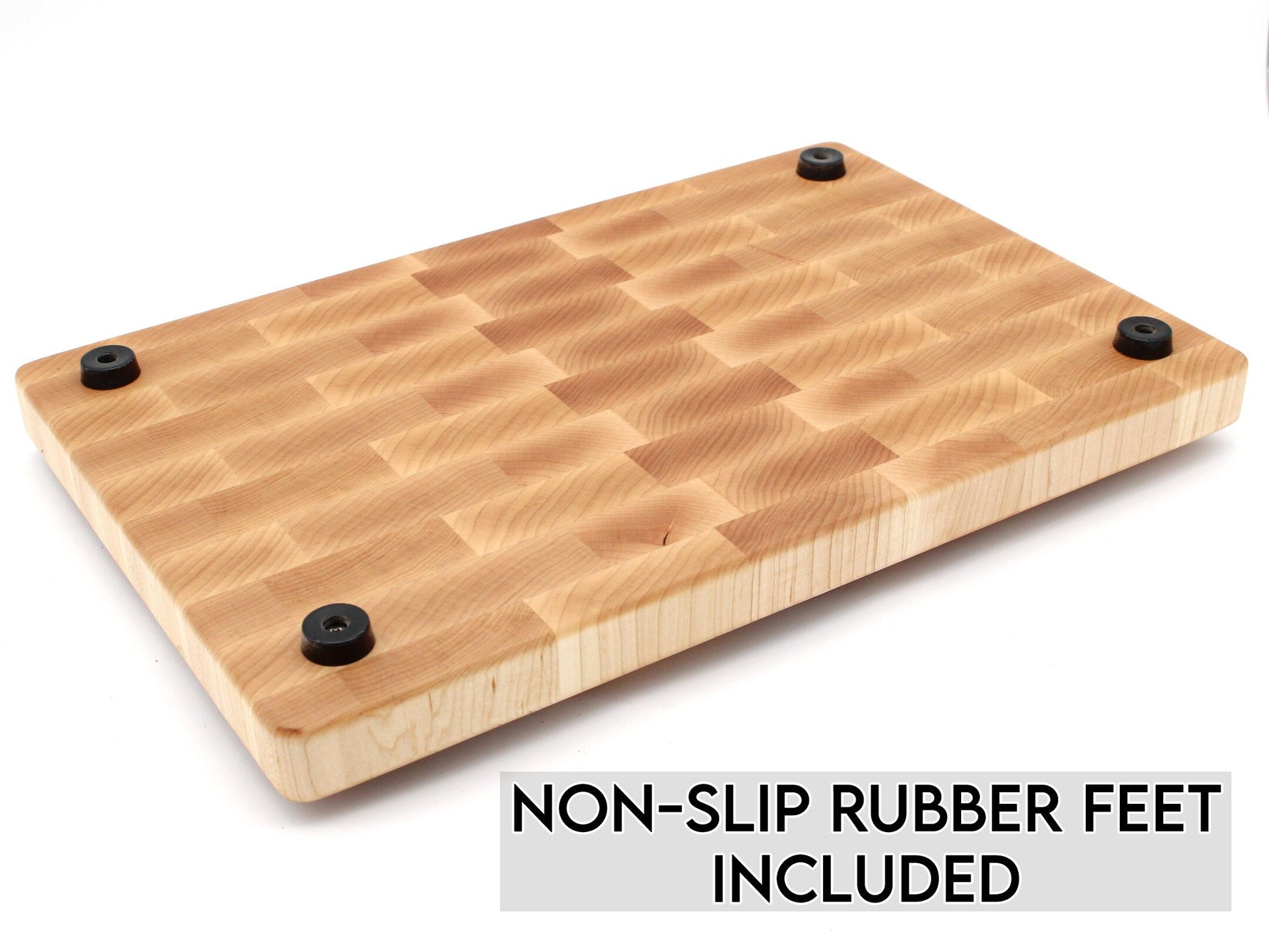 Wooden cutting board with non-slip rubber feet on a white background