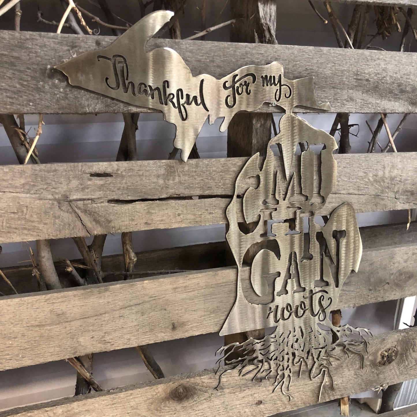 Silver Michigan Thankful For My Michigan Roots Metal Sign
