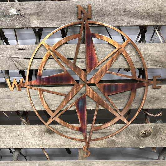 Burnished-colored metal compass on a wooden background