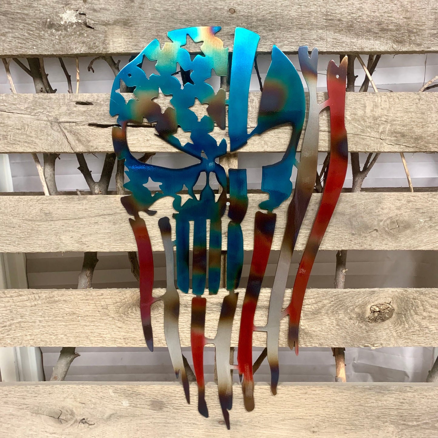 Metal Punisher Skull Wall Sculpture with colorful Patriotic Red White & Blue design