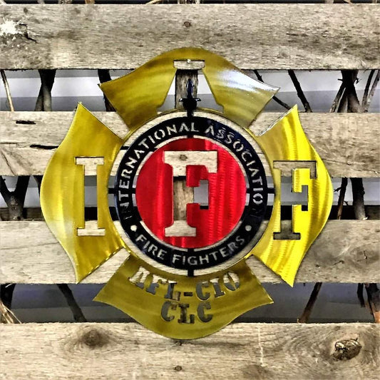 International Association of Fire Fighters logo on a wooden background