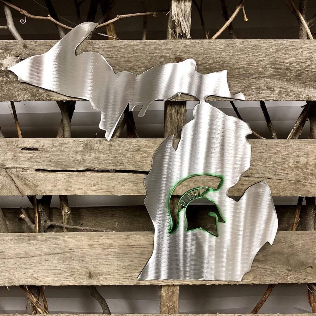 Metallic Michigan and Michigan State logos on a wooden background