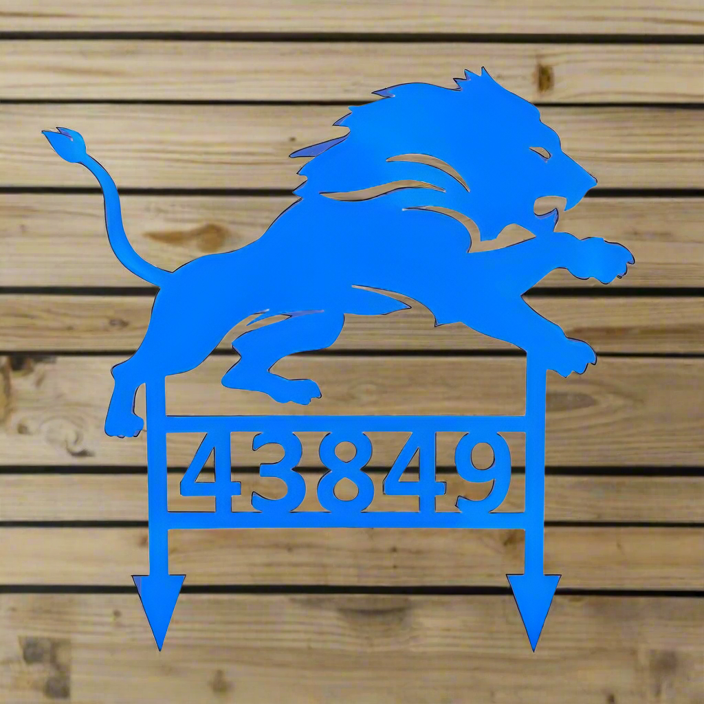 Blue lion design with numbers on a wooden background