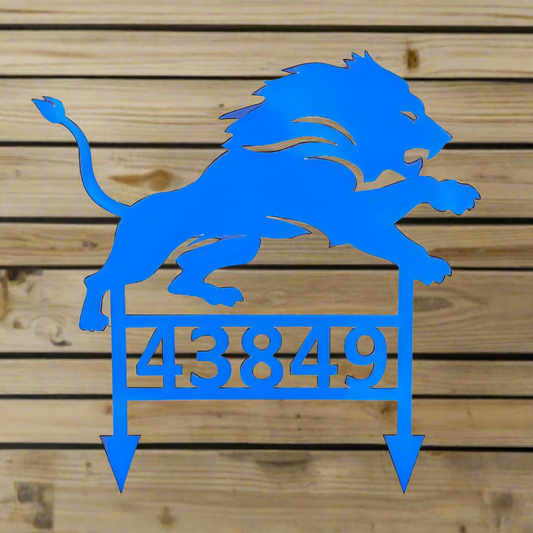 Blue lion design with numbers on a wooden background