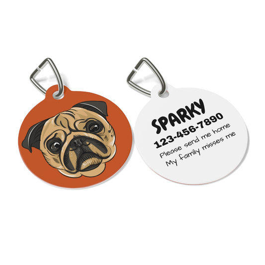 Two round pet tags with a pug illustration and contact information on a white background