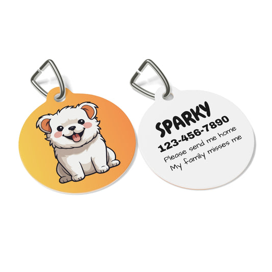 Two pet tags; one with a cartoon dog illustration on an orange background, the other with text on a white background.
