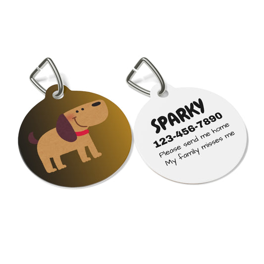 Dog tag with cartoon dog illustration and personalized text on a white background
