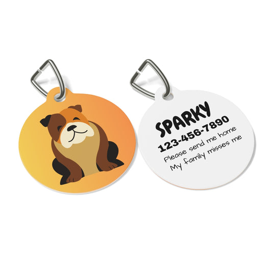 Pet tag with cartoon dog illustration and personalized text on a white background