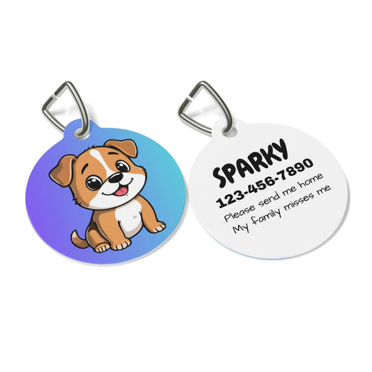 Two pet tags, one with a cartoon dog illustration and the other with text and a phone number.