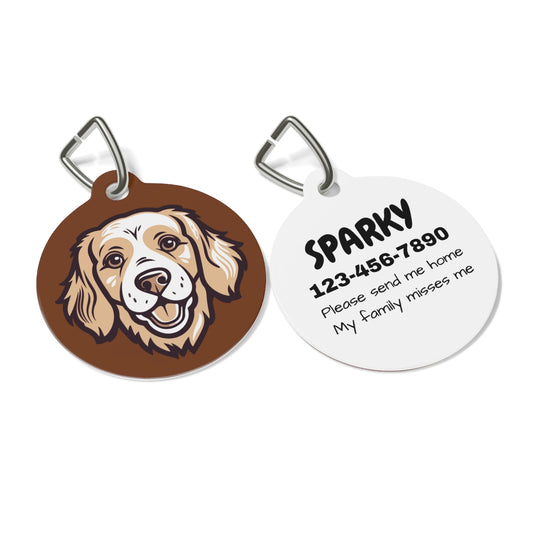 Pet tag with dog illustration and personalized text on a white background