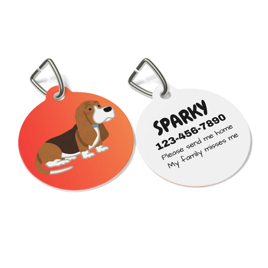Two round pet tags with a dog illustration and contact information on a white background