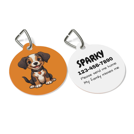 Two round pet tags, one with a dog illustration and the other with text and a phone number.