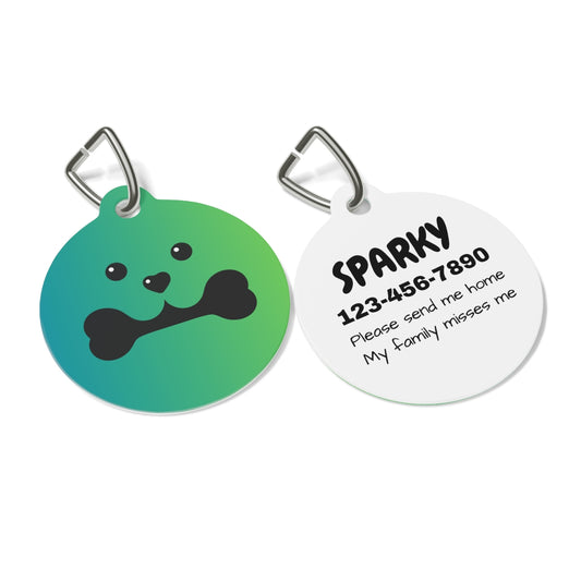 Two round pet tags, one green with a dog illustration and the other white with text, on a white background.