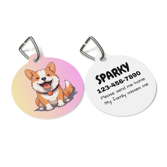 Pet tag with cartoon dog illustration and personalized text on a white background