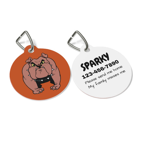 Two round pet tags with a cartoon dog and contact information on a white background