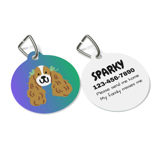 Two round pet tags, one with a dog illustration and the other with text and a phone number.