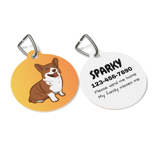 corgi illustration on an orange background, the other with text and a phone number on a white background.