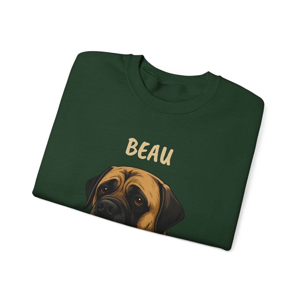 Close-up of personalized pet face print on crewneck sweatshirt - Colors
