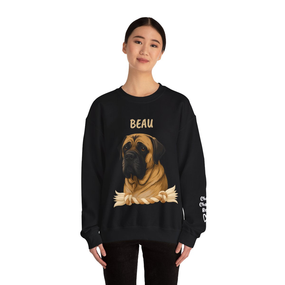 Custom pet crewneck sweatshirt pet portrait print front and names on sleeve unisex heavy blend