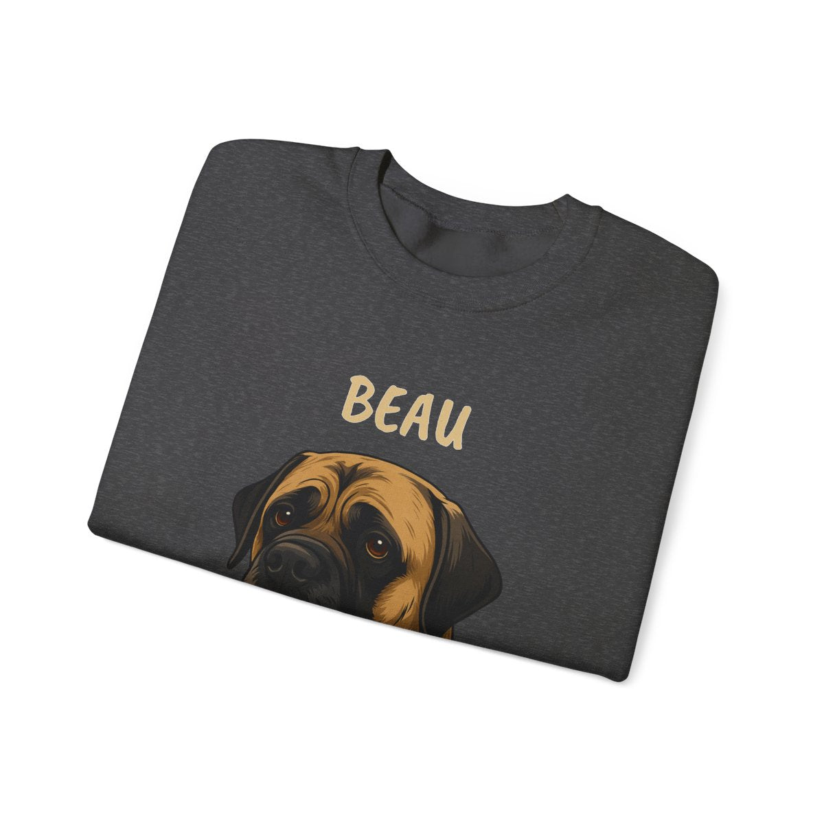 Close-up of personalized pet face print on crewneck sweatshirt - Colors