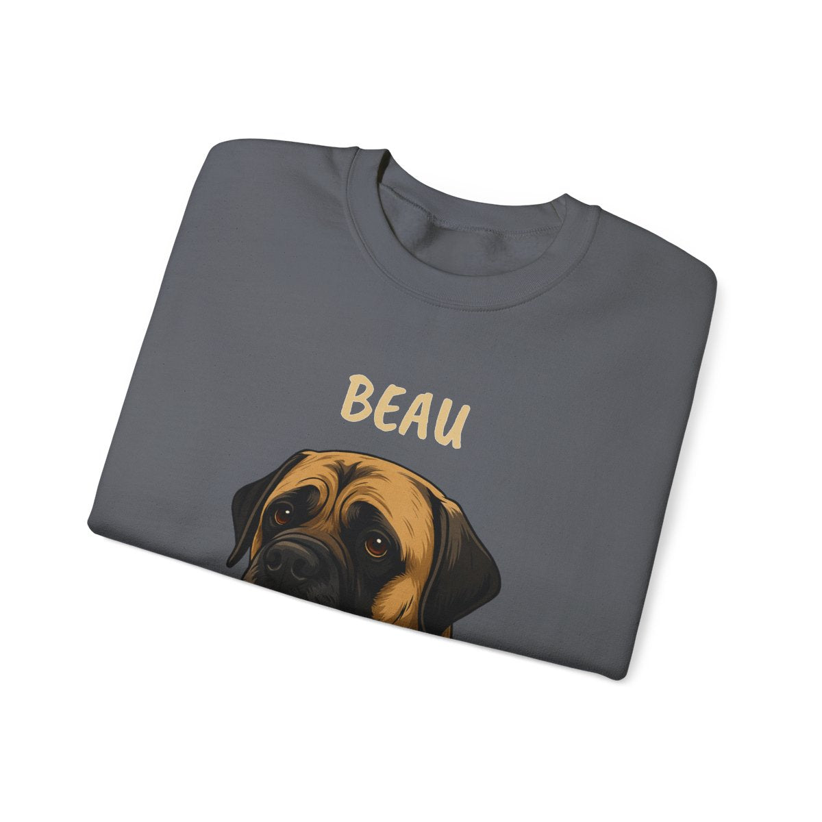 Close-up of personalized pet face print on crewneck sweatshirt - Colors
