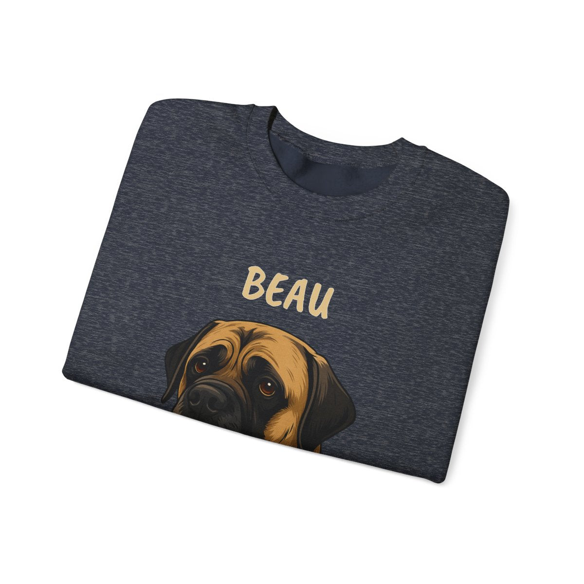 Close-up of personalized pet face print on crewneck sweatshirt - Colors