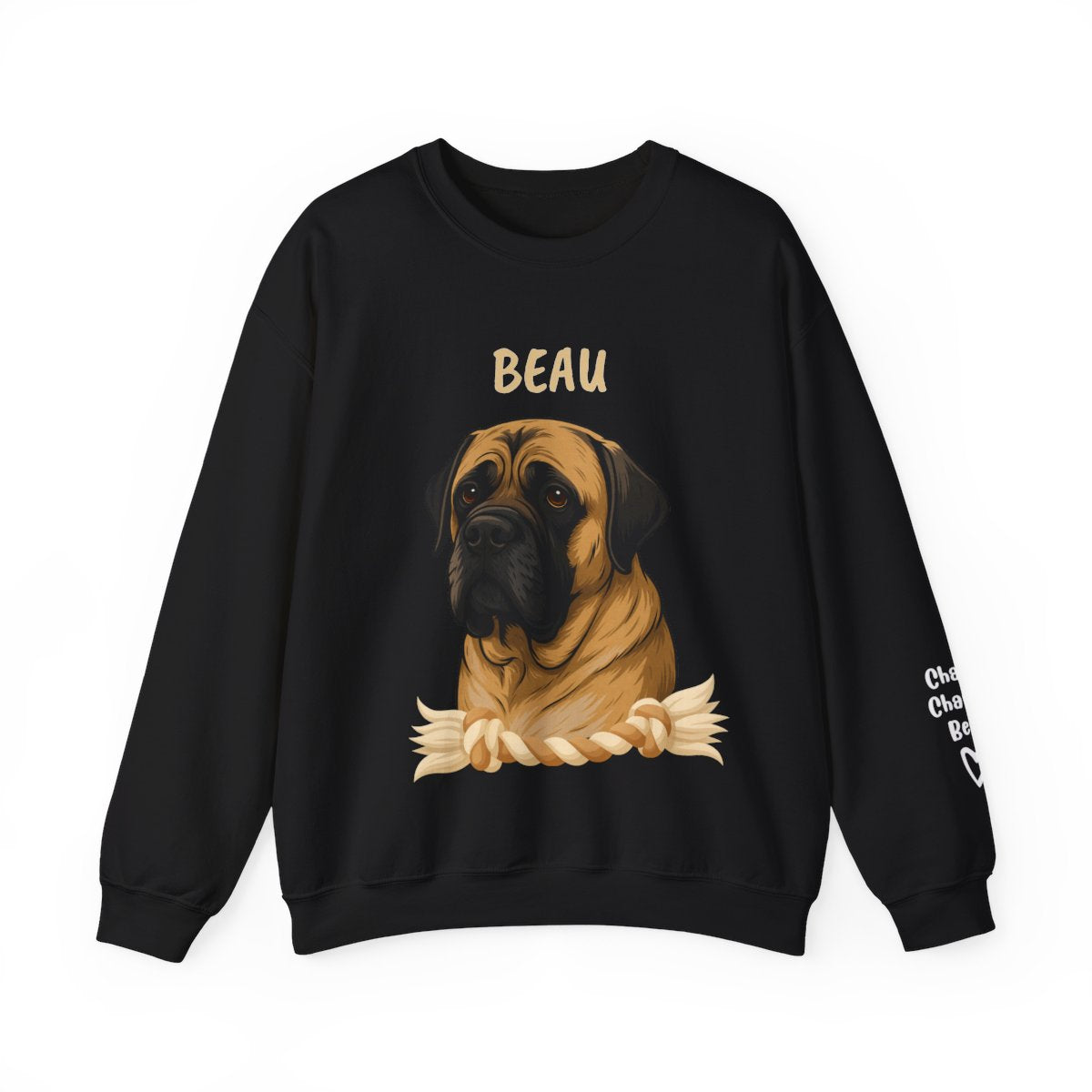 Custom pet crewneck sweatshirt pet portrait print front and names on sleeve unisex heavy blend