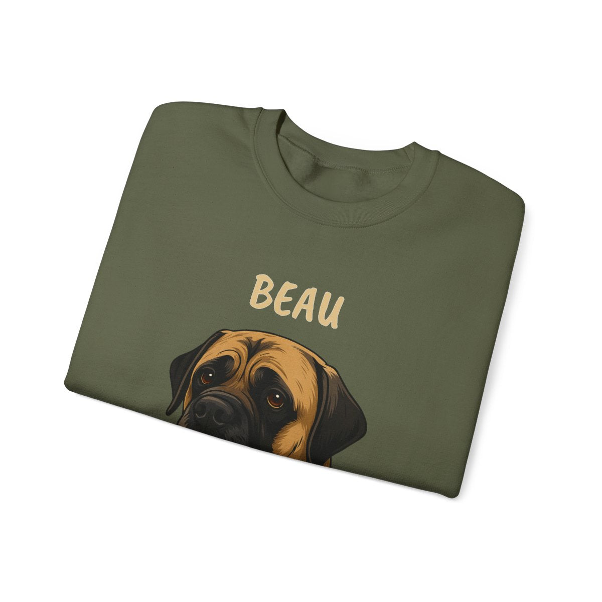 Close-up of personalized pet face print on crewneck sweatshirt - Colors