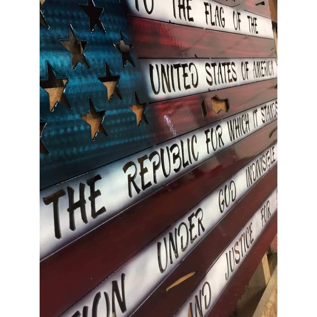Side View War torn Metal American Flag with the Pledge of Allegiance 